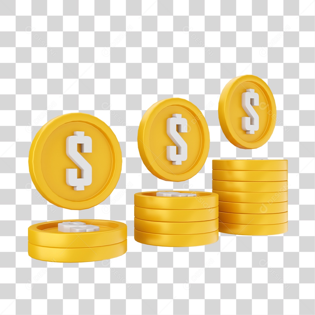 Multiple Coin Stacks with Floating Coins 3D Element for Transparent PNG Composition