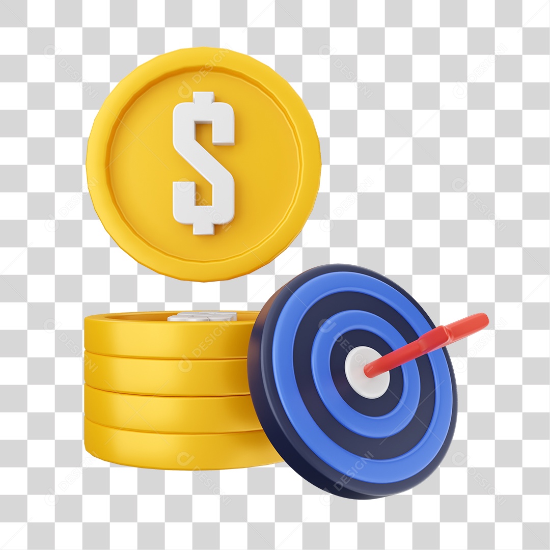 Moeda de Dólar Flutuando e Alvo Elemento 3D para Composição PNG Transparente