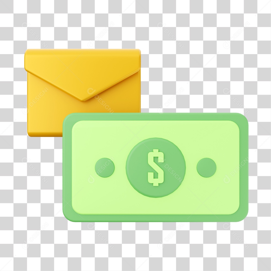 Carta e Uma Nota de Dinheiro Elemento 3D para Composição PNG Transparente