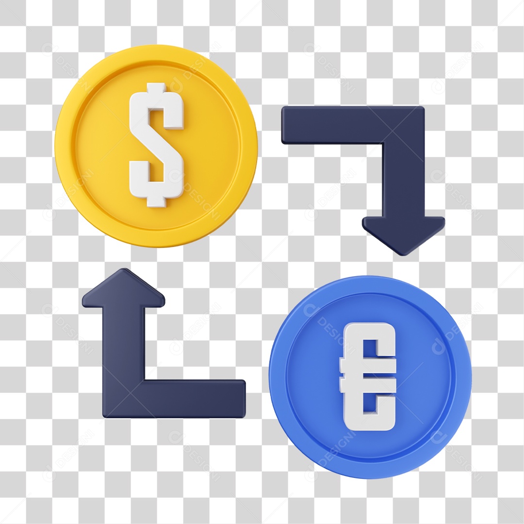 Conversão de Moedas Euro e Dólar Elemento 3D para Composição PNG Transparente