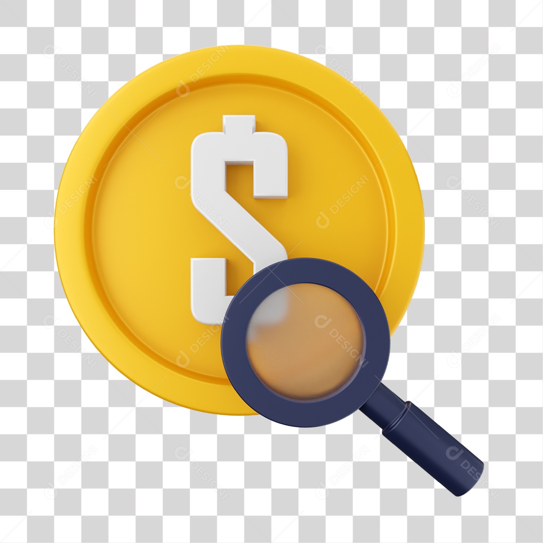 Moeda e Lupa Elemento 3D para Composição PNG Transparente