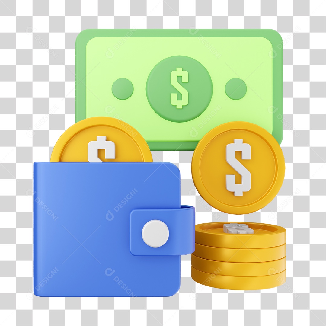 Carteira Com Várias Moedas e Notas de Dinheiro Elemento 3D para Composição PNG Transparente