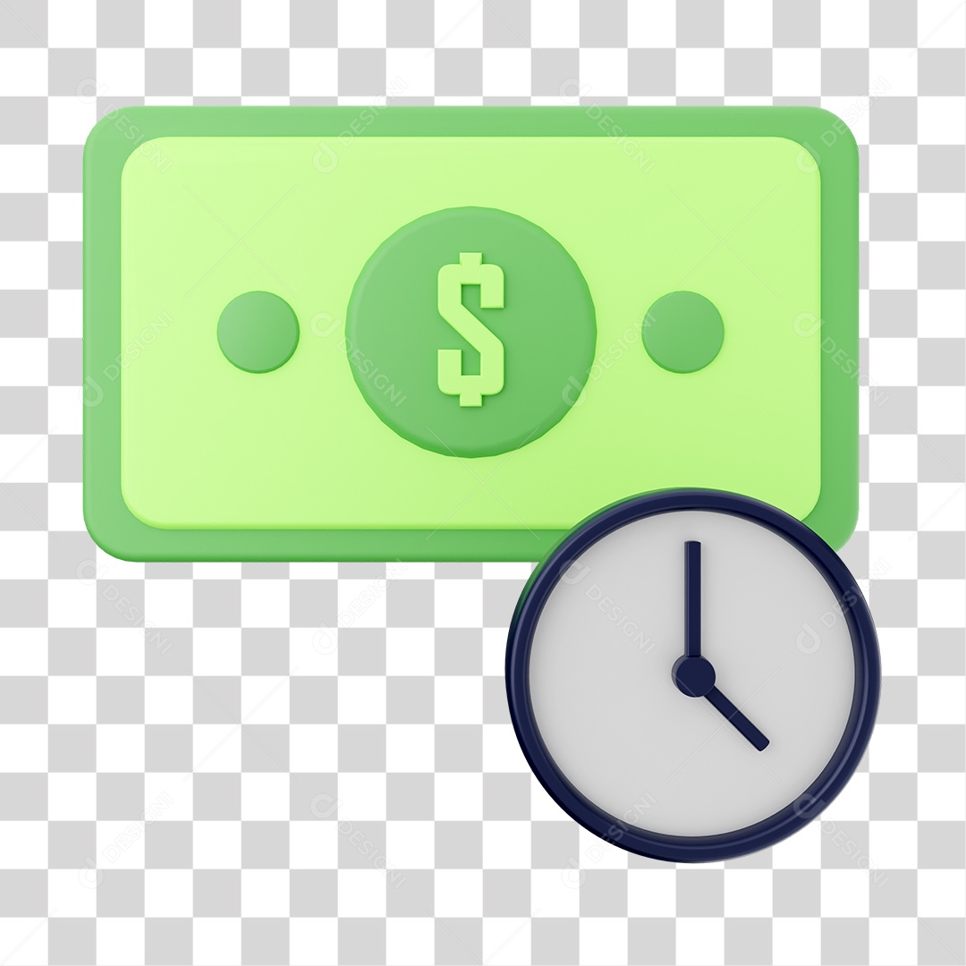 Cédula de Dólar e Relógio Elemento 3D para Composição PNG Transparente