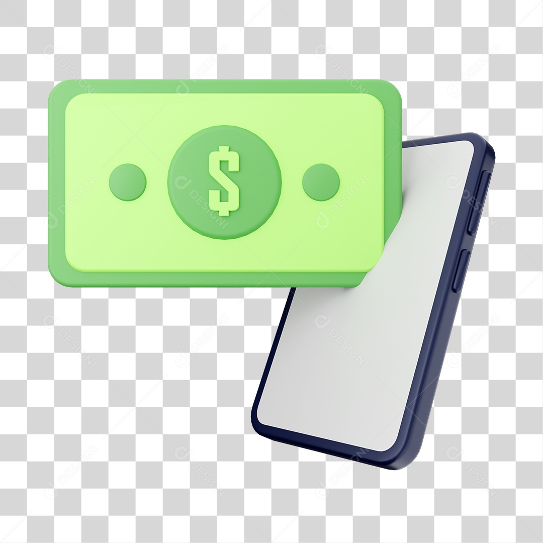 Cédula de Dólar Saindo de Celular Elemento 3D para Composição PNG Transparente