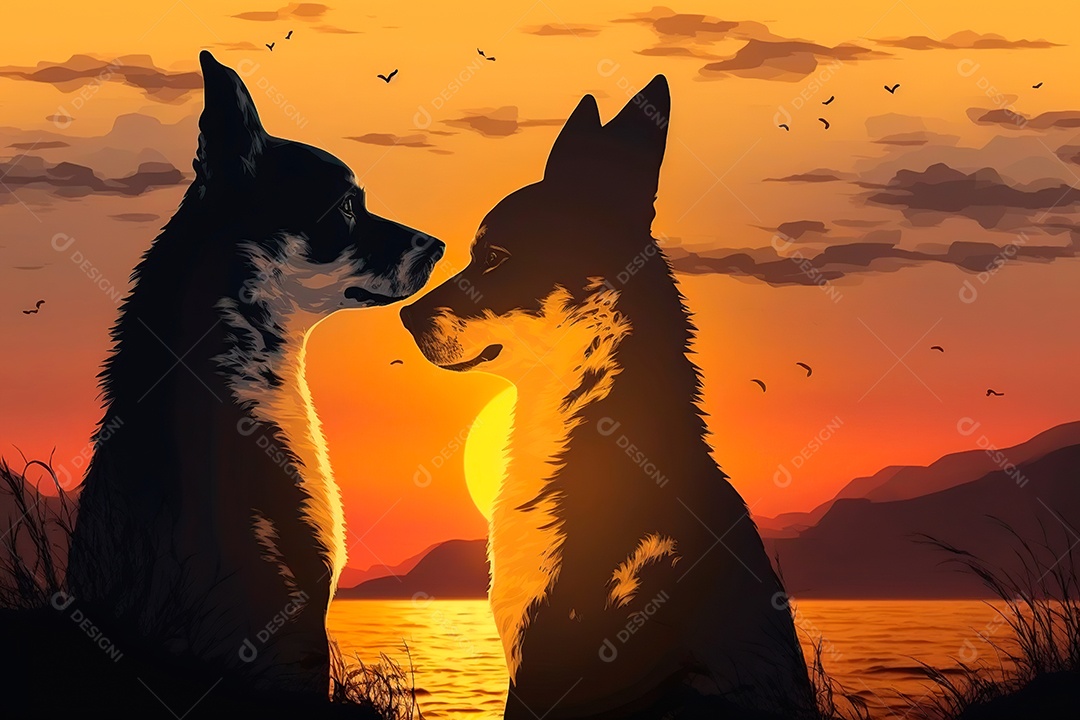 Lindo casal de cahorro sobre pôr do sol.
