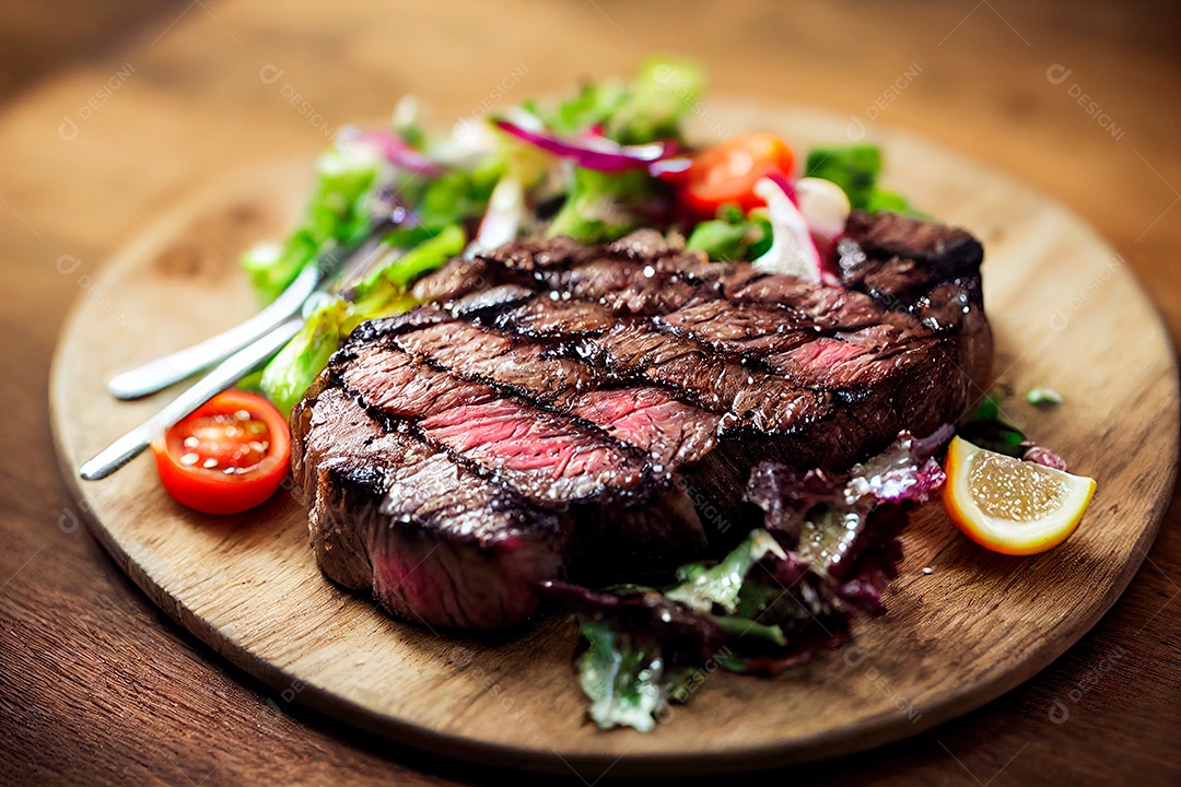 Delicioso bife grelhado sobre tábua de madeira com salada.
