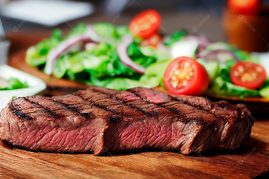 Delicioso bife grelhado sobre tábua de madeira com salada.