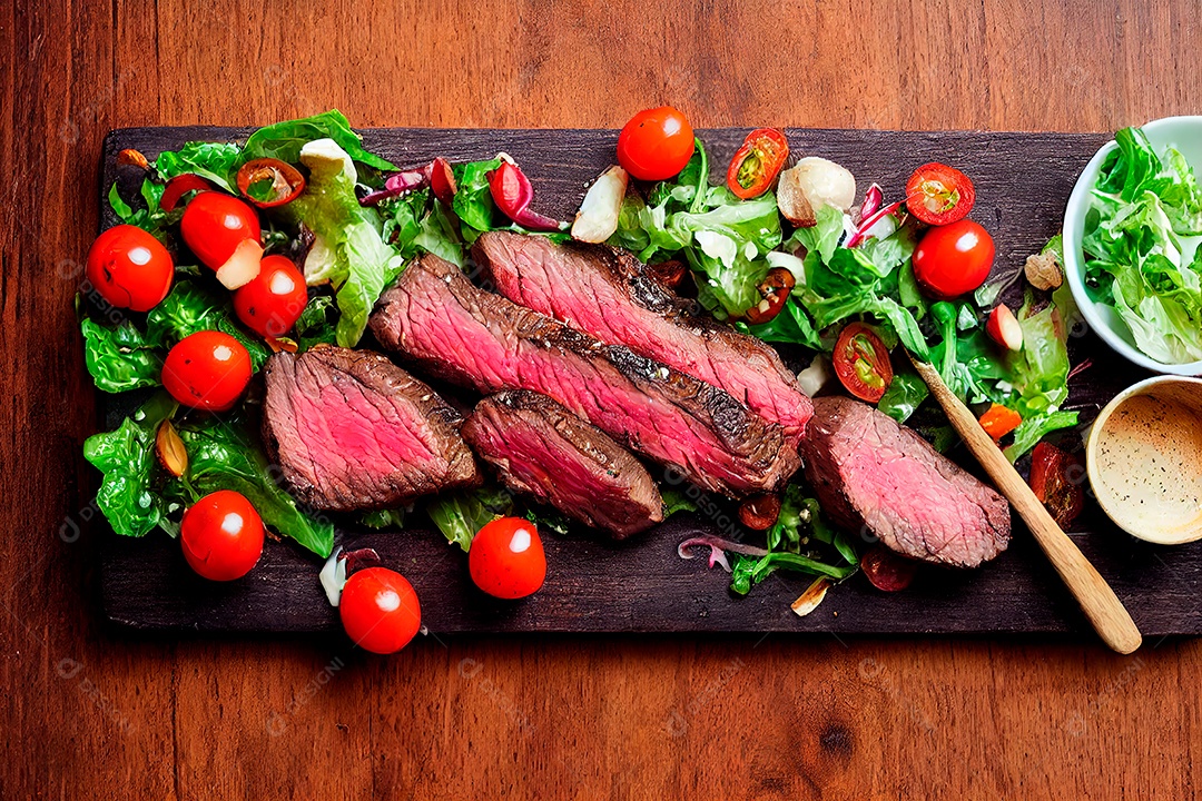 Delicioso bife grelhado sobre tábua de madeira com salada.