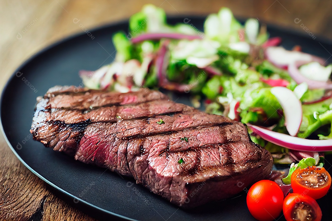 Delicioso bife grelhado sobre tábua de madeira com salada.