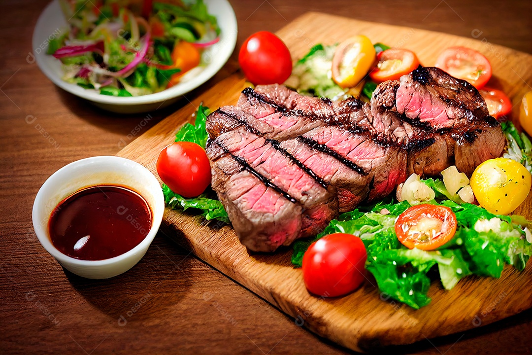 Delicioso bife grelhado sobre tábua de madeira com salada.