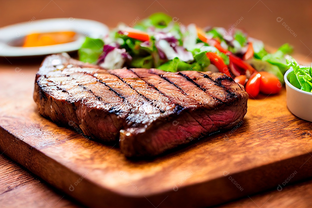 Delicioso bife grelhado sobre tábua de madeira com salada.