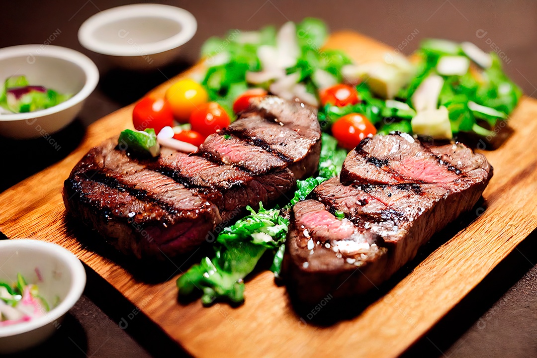 Delicioso bife grelhado sobre tábua de madeira com salada.