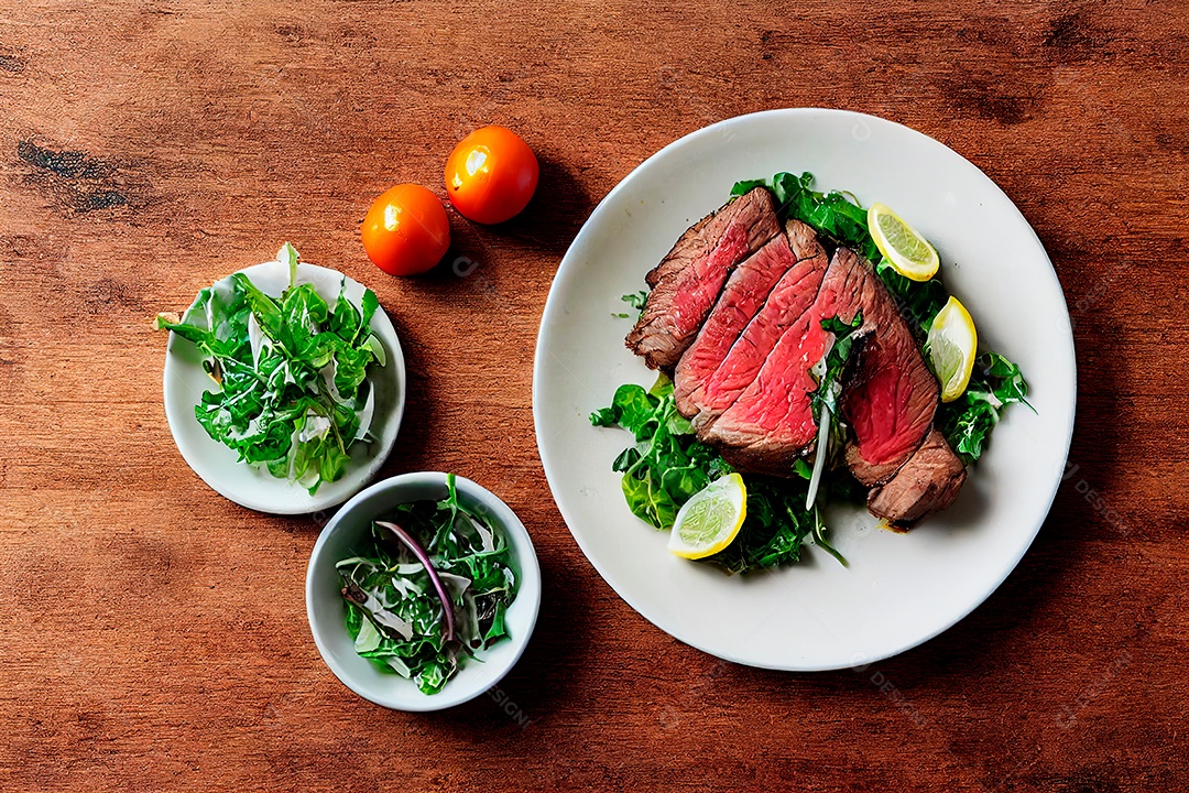 Delicioso bife grelhado sobre tábua de madeira com salada.