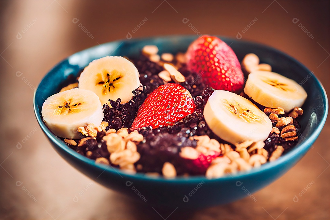 Tigela cheia de açaí com banana morango.