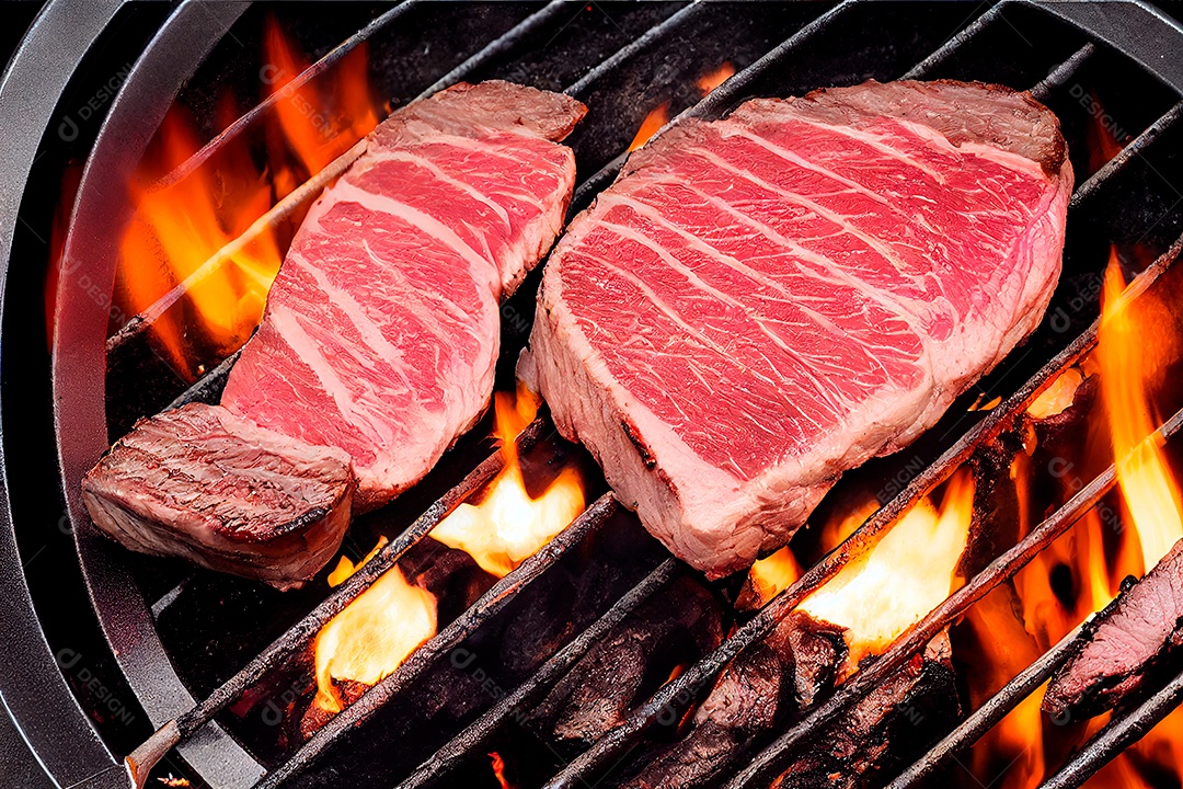 Bife de carne grelhado na churrasqueira.