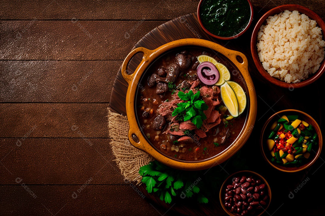 Feijoada sobre uma mesa de madeira com acompanhamentos.