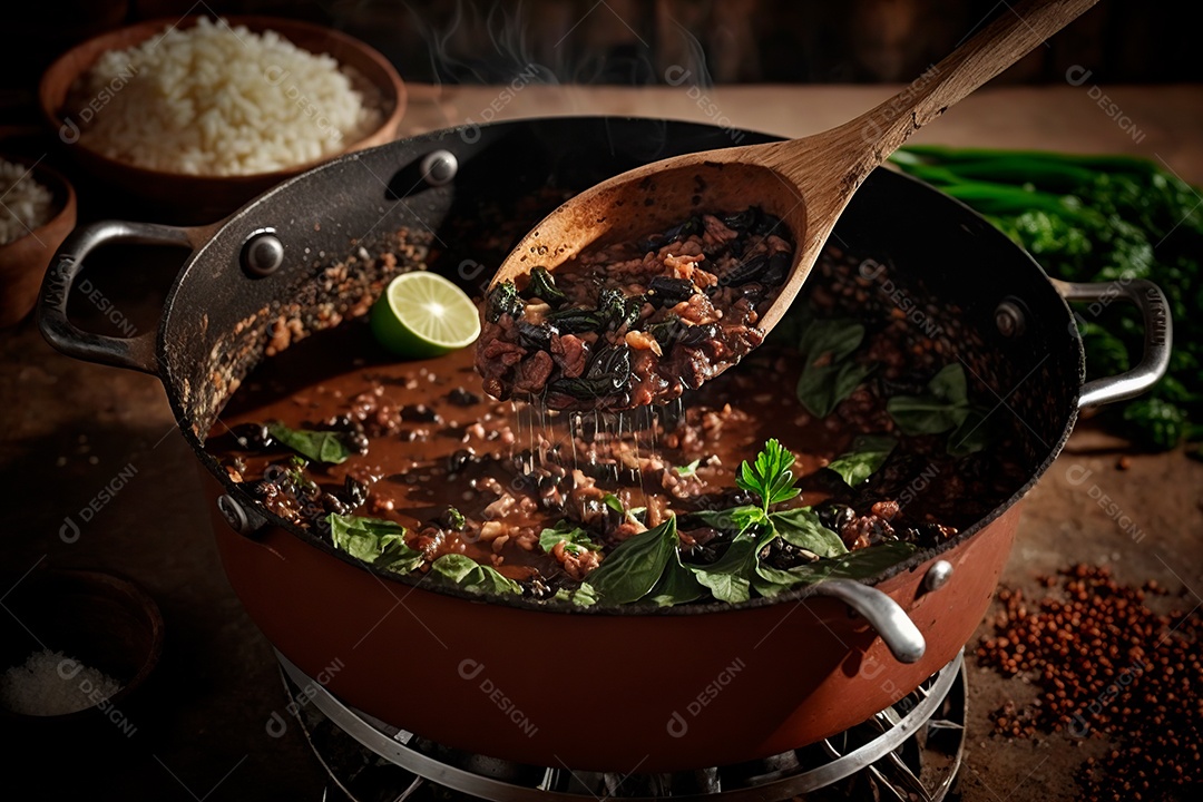 Deliciosa feijoada sobre a panela.