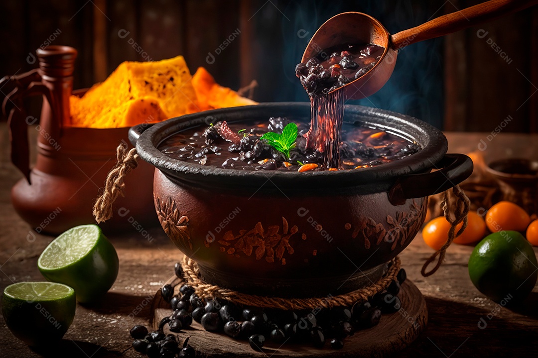 Feijoada sobre uma mesa de madeira com acompanhamentos.