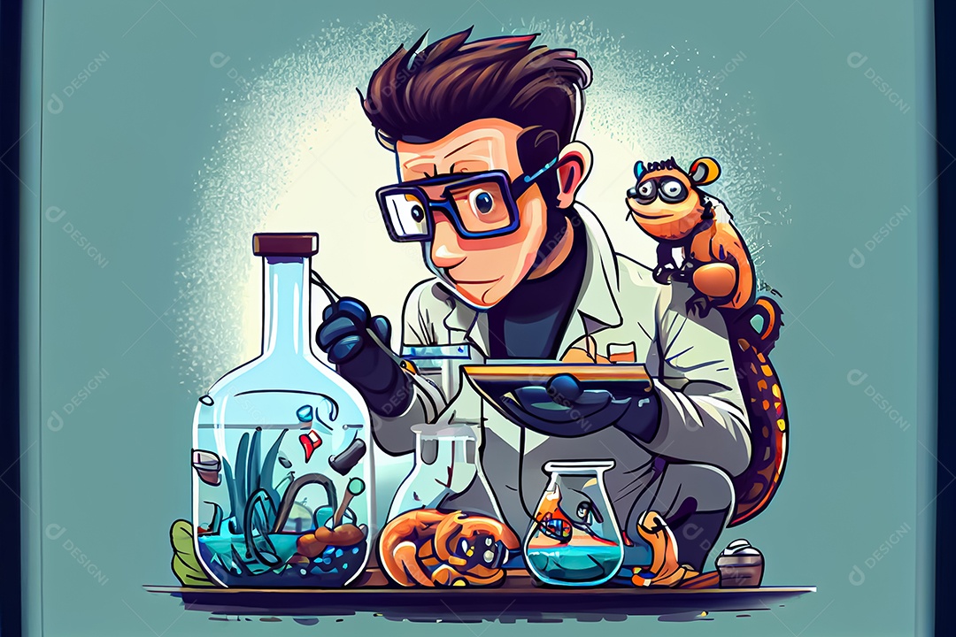Cientista de desenho animado experimentando pesquisa com animais Dia Nacional da Ciência