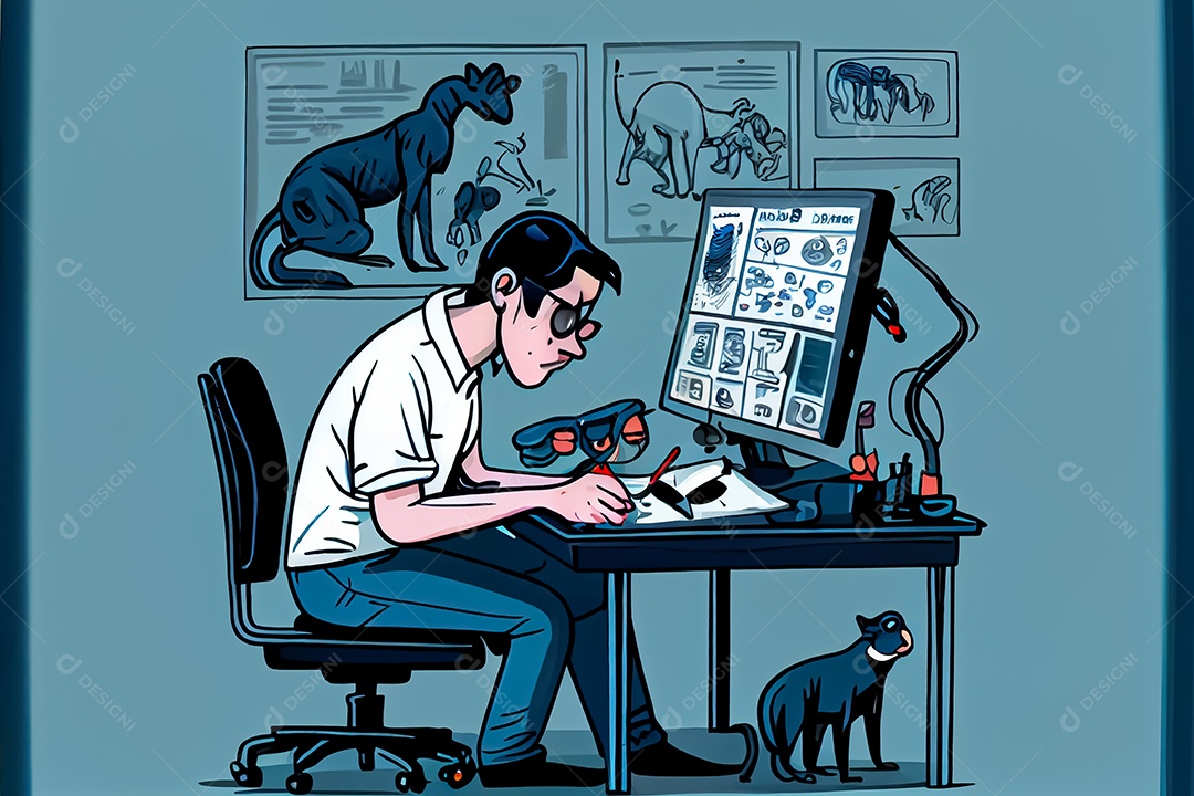 Cientista de desenho animado experimentando pesquisa com animais Dia Nacional da Ciência