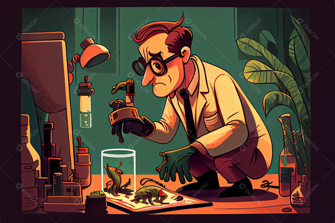 Cientista de desenho animado experimentando pesquisa com animais Dia Nacional da Ciência