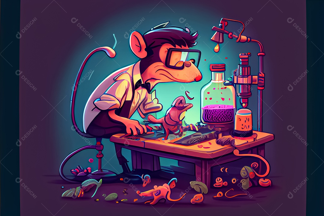 Cientista de desenho animado experimentando pesquisa com animais Dia Nacional da Ciência