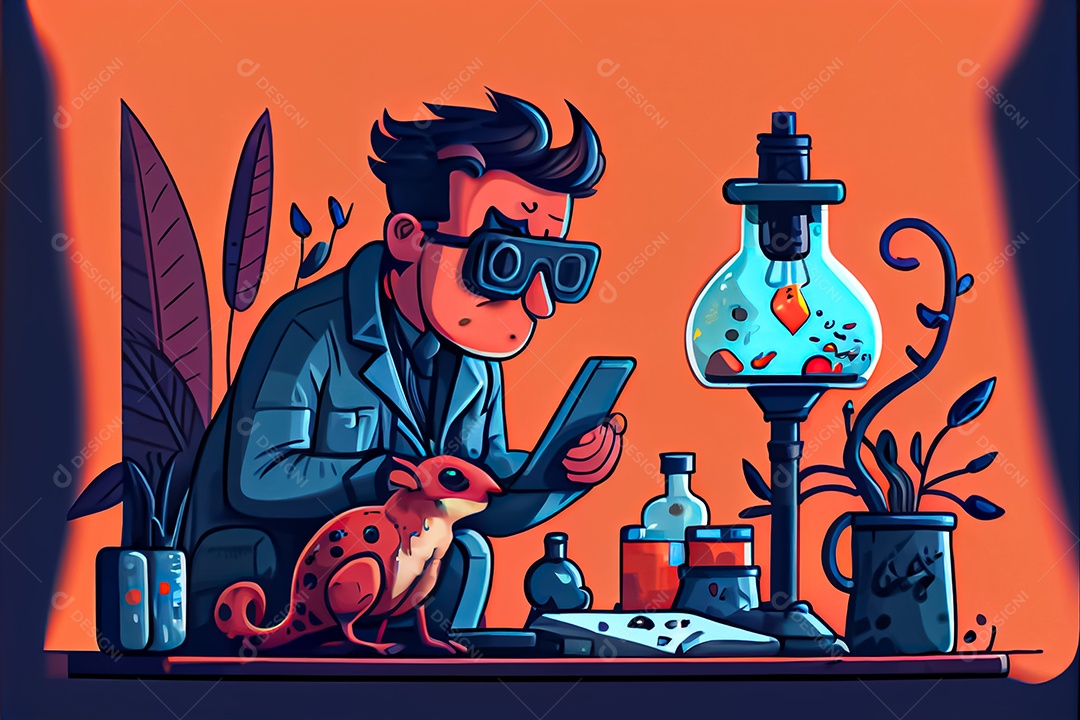 Cientista de desenho animado experimentando pesquisa com animais Dia Nacional da Ciência