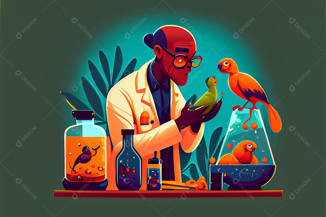 Cientista de desenho animado experimentando pesquisa com animais Dia Nacional da Ciência