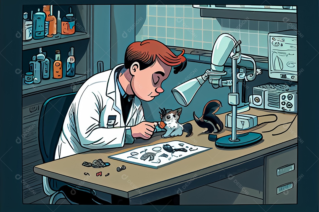 Cientista de desenho animado experimentando pesquisa com animais Dia Nacional da Ciência