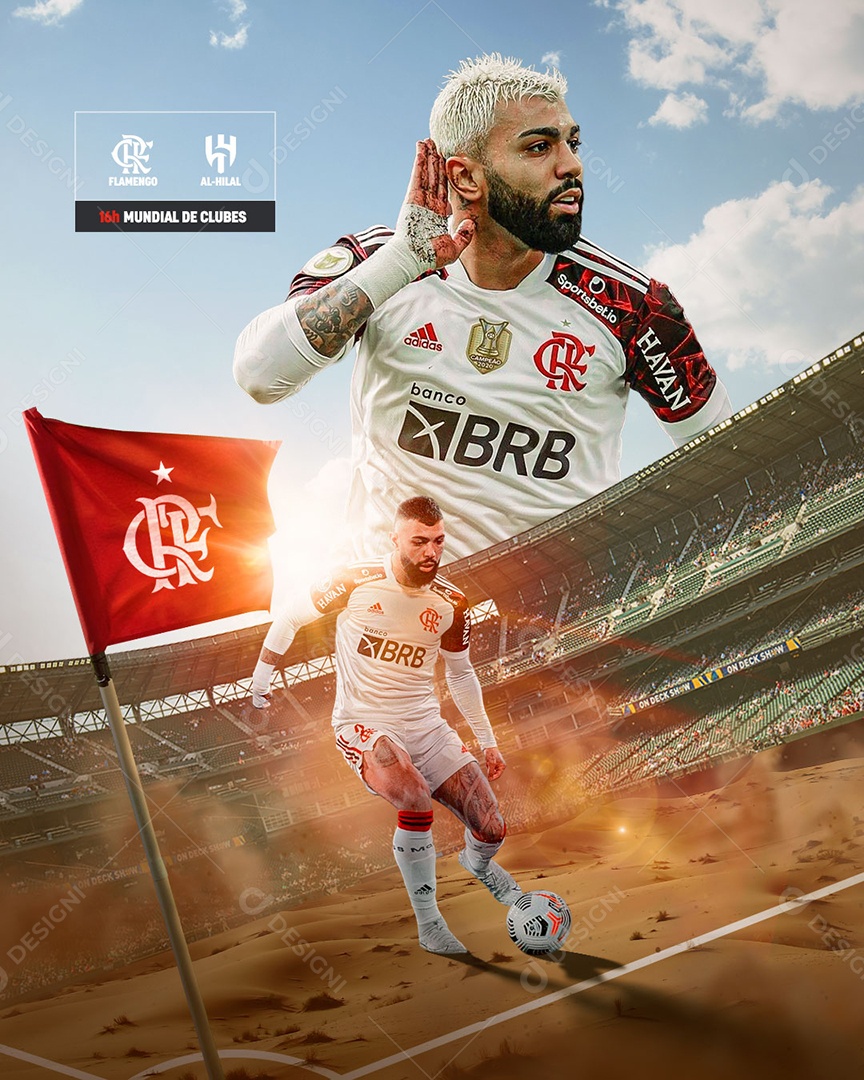 Flyer Semifinal  Flamengo x Al Hilal Mundial de Clubes Jogador Gabigol Social Media PSD Edtável