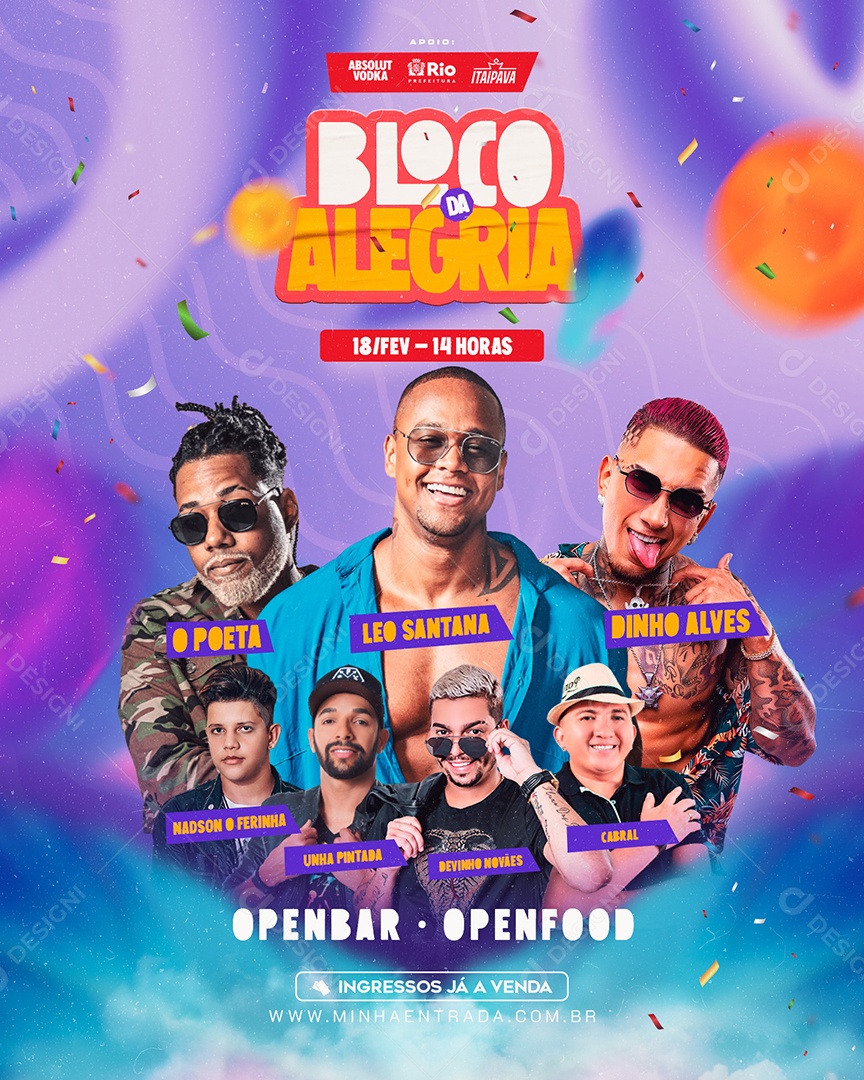 Bloco da Alegria O Poeta Léo Santana Dinho Alves Open Bar Open Food Flyer Carnaval Social Media PSD Editável