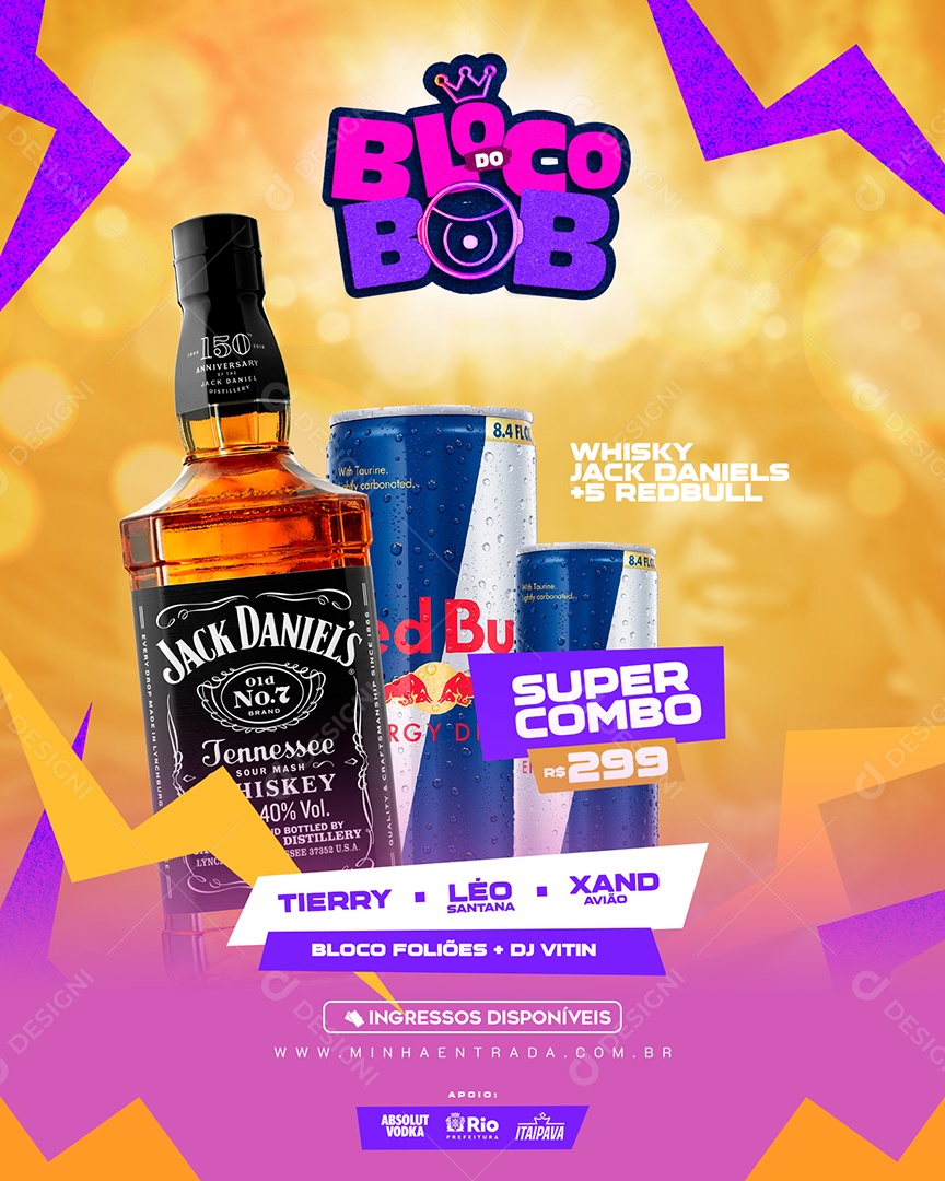 Bloco do BBB Whisky Jack Daniels + 5 Red Bull Bar Social Media PSD Editável