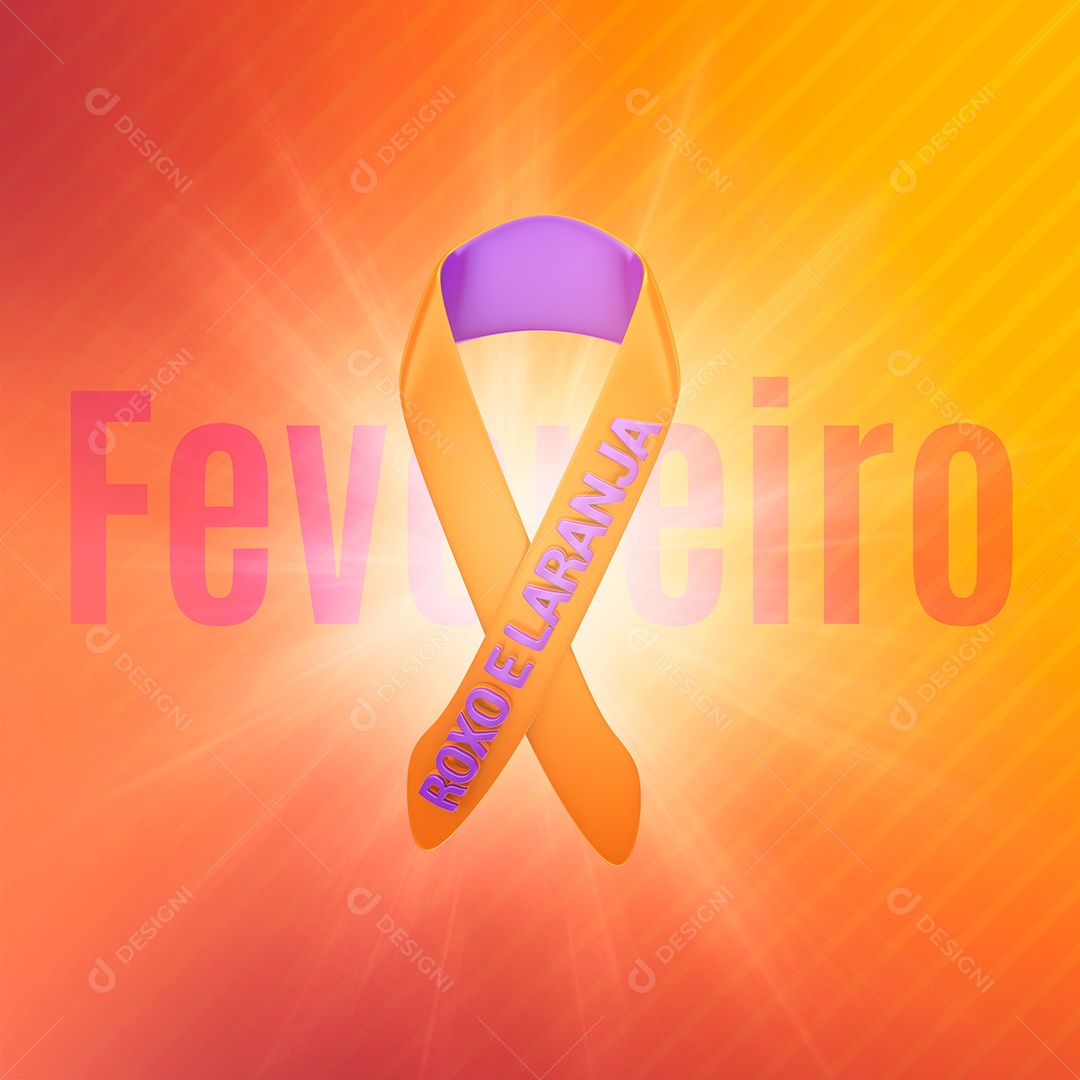 Selo 3D Fevereiro Roxo e Laranja para Composição PSD