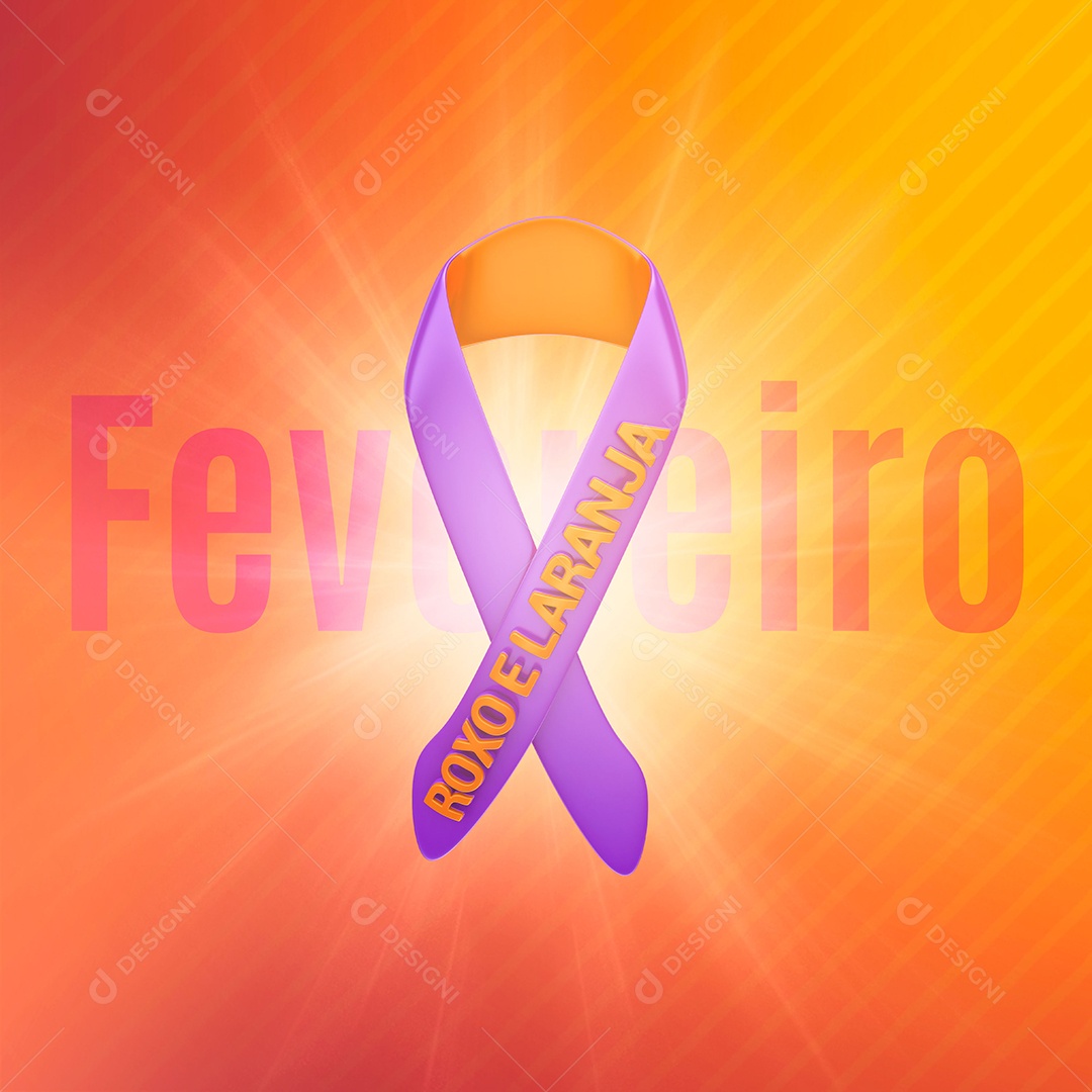 Selo 3D Fevereiro Roxo e Laranja para Composição PSD