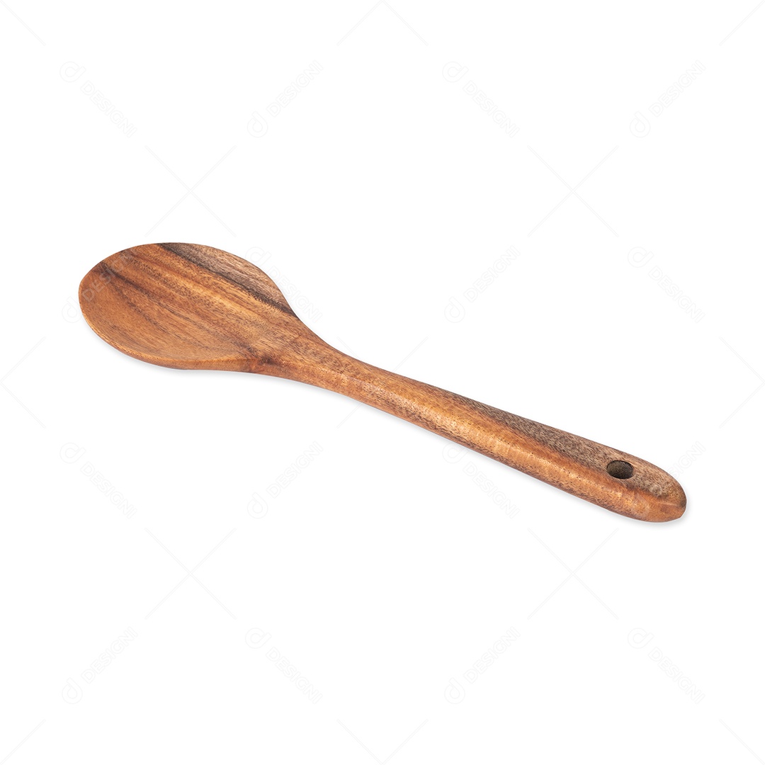 Colher de pau isolada sobre fundo branco.