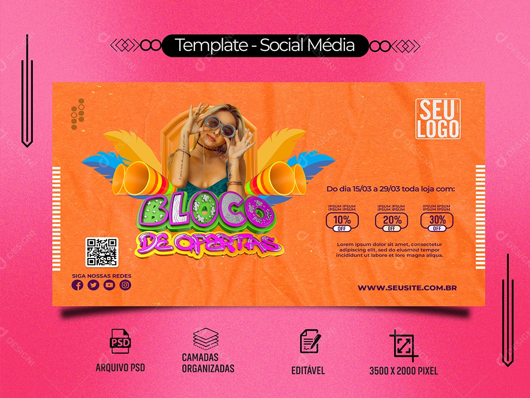 Banner Bloco de Ofertas Toda Loja com 10% Off Carnaval Social Media PSD Editável