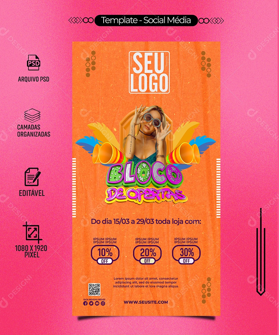 Story Bloco de Ofertas Toda Loja com 10% Off Carnaval Social Media PSD Editável