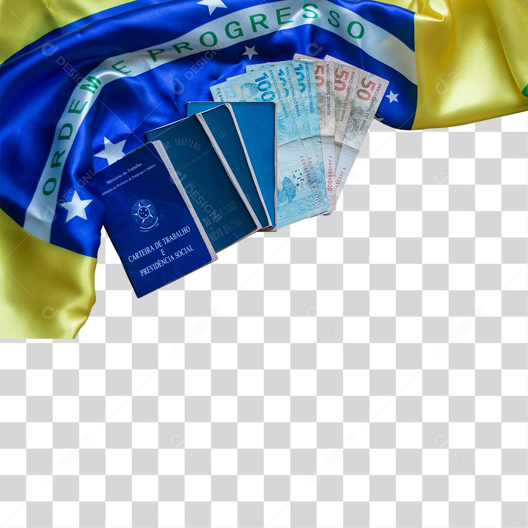 Bandeira do Brasil com Carteira de Trabalho e Dinheiro PNG Transparente