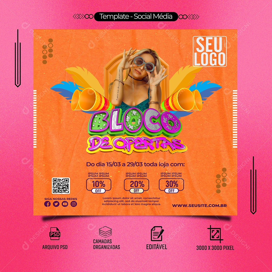 Bloco de Ofertas Toda Loja com 10% Off Carnaval Social Media PSD Editável