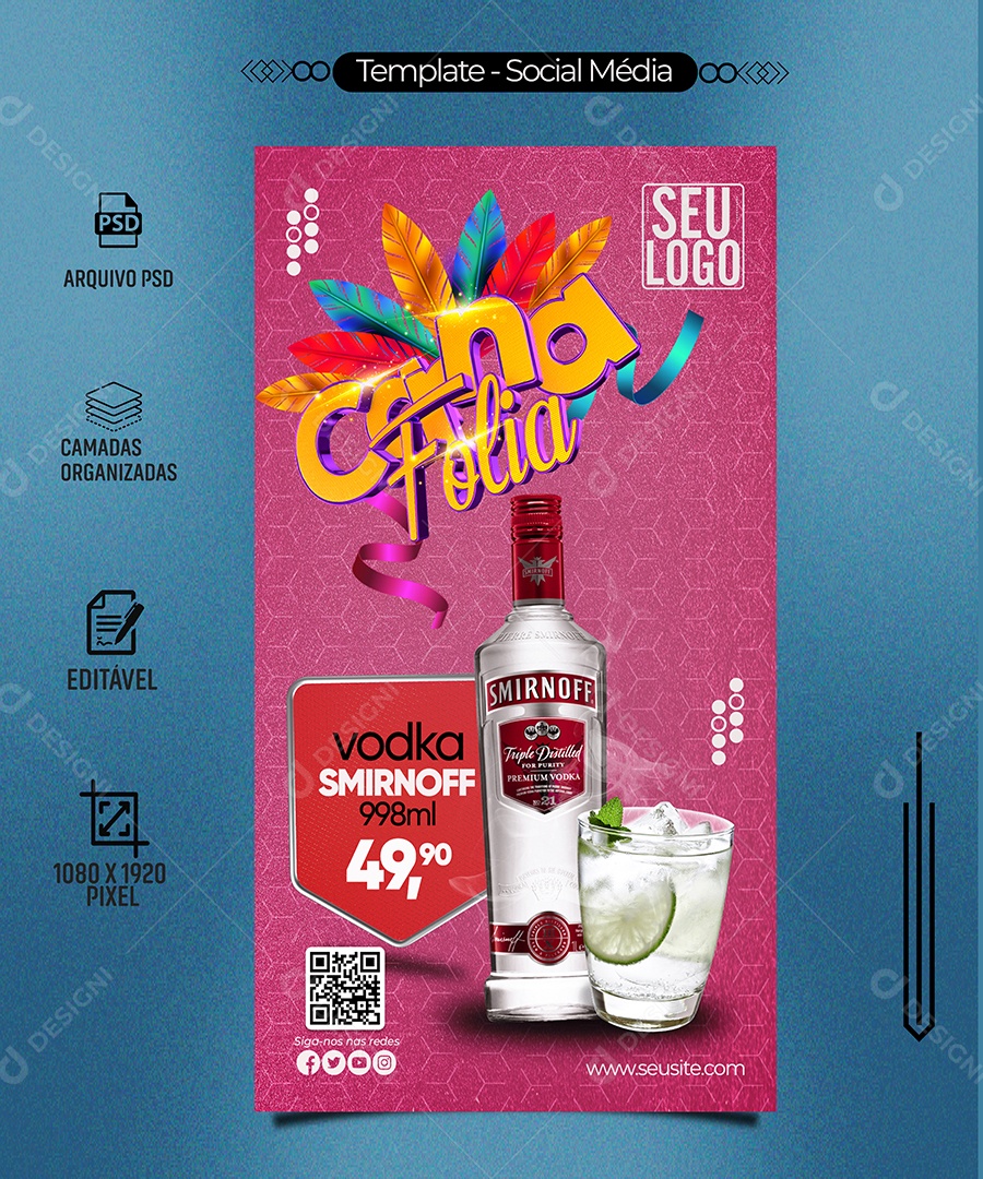 Story Carna Folia Vodka Smirnoff Carnaval Bar Social Media PSD Editável