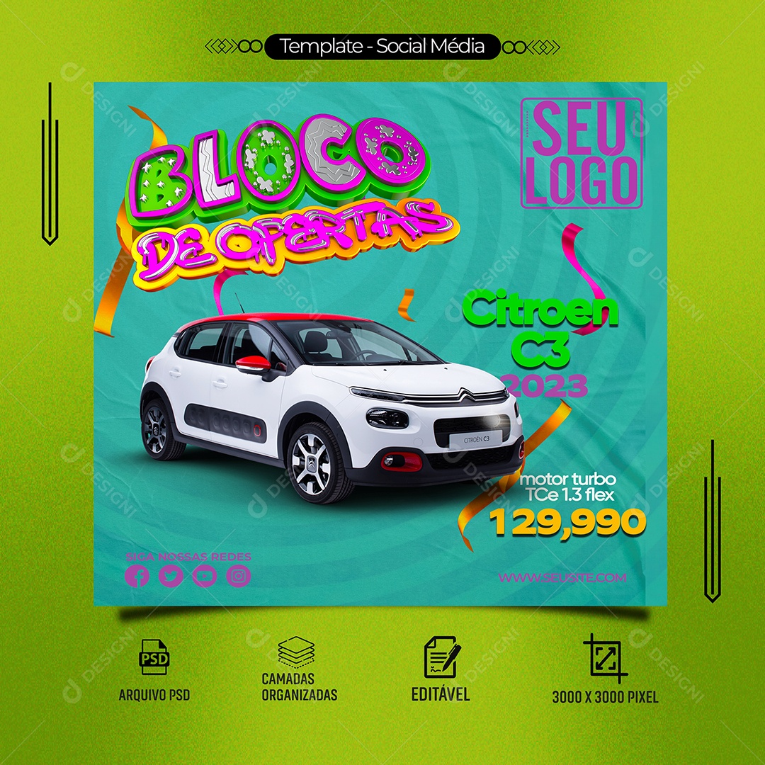 Bloco de Ofertas Citroen C3 Motor Turbo Carnaval Concessionária Social Media PSD Editável