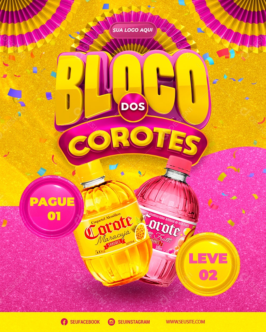 Bloco de Corotes Pague 1 Leve 2 Distribuidora de Bebidas Carnaval Social Media PSD Editável