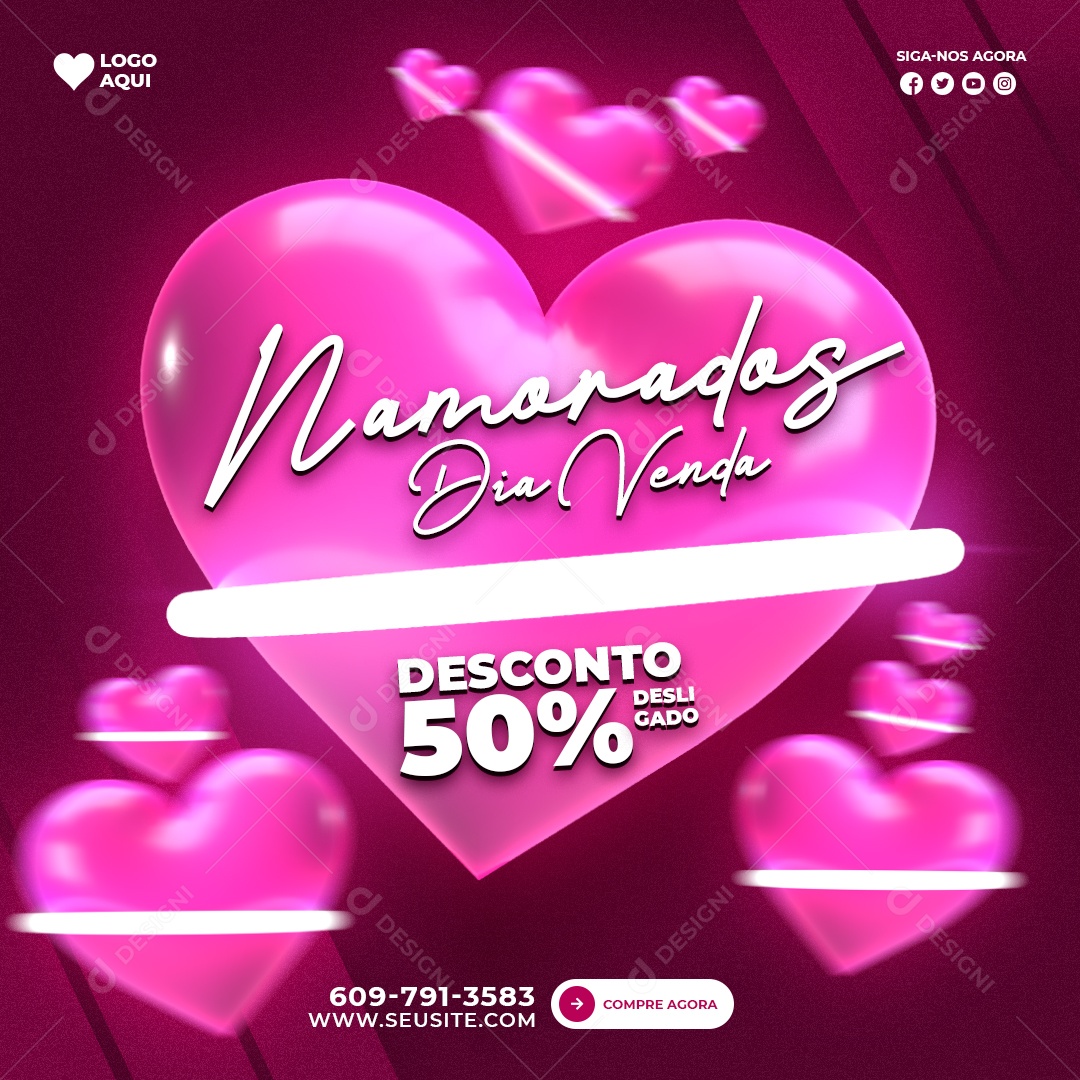 Namorados Dia Venda Desconto 50% Loja Social Media PSD Editável
