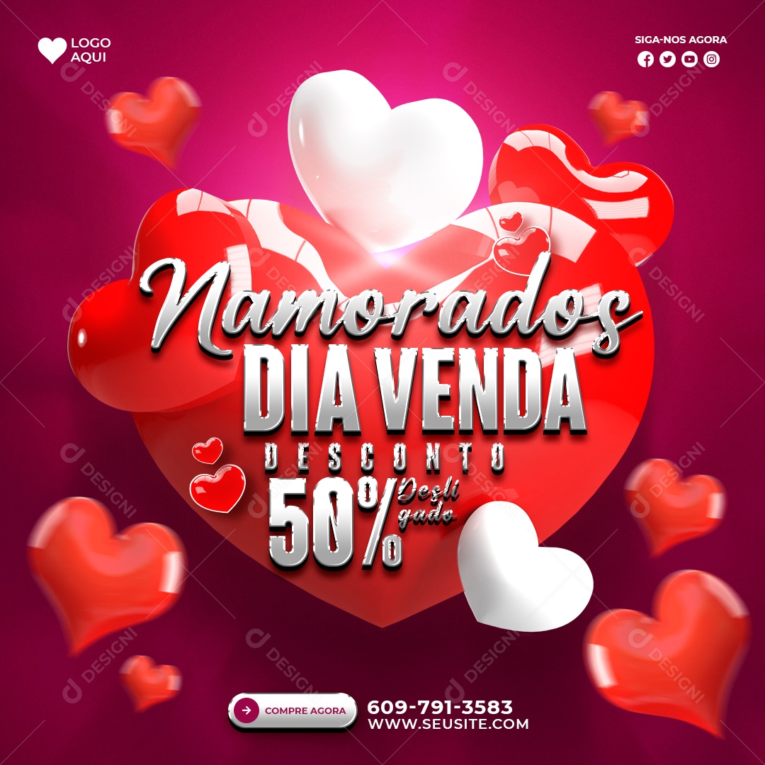 Namorados Dia Venda Desconto 50% Loja Social Media PSD Editável