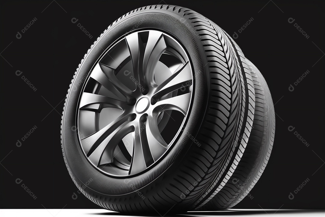Pneu e roda de carro sobre fundo preto