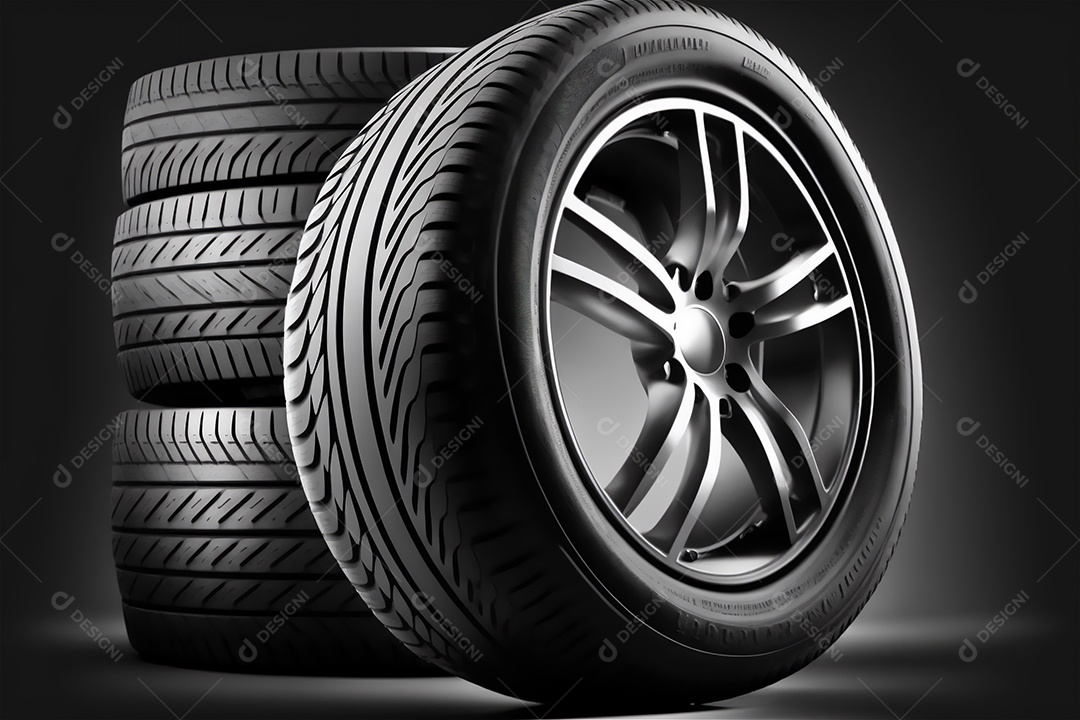 Pneu e roda de carro sobre fundo preto