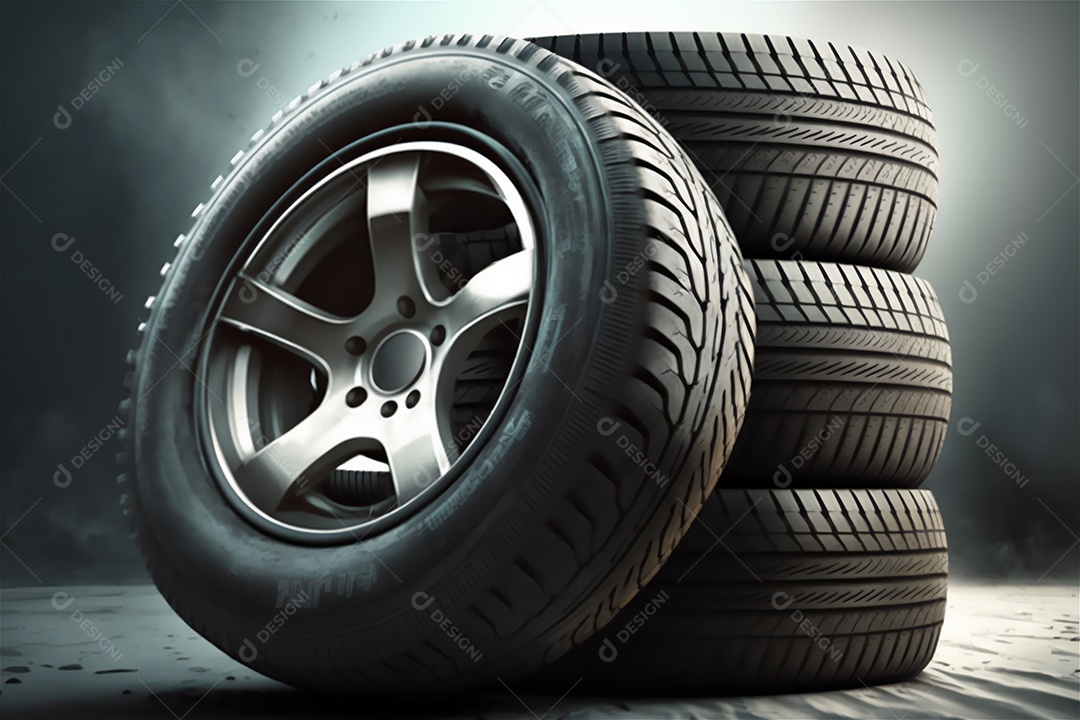 Pneu e roda de carro sobre fundo preto
