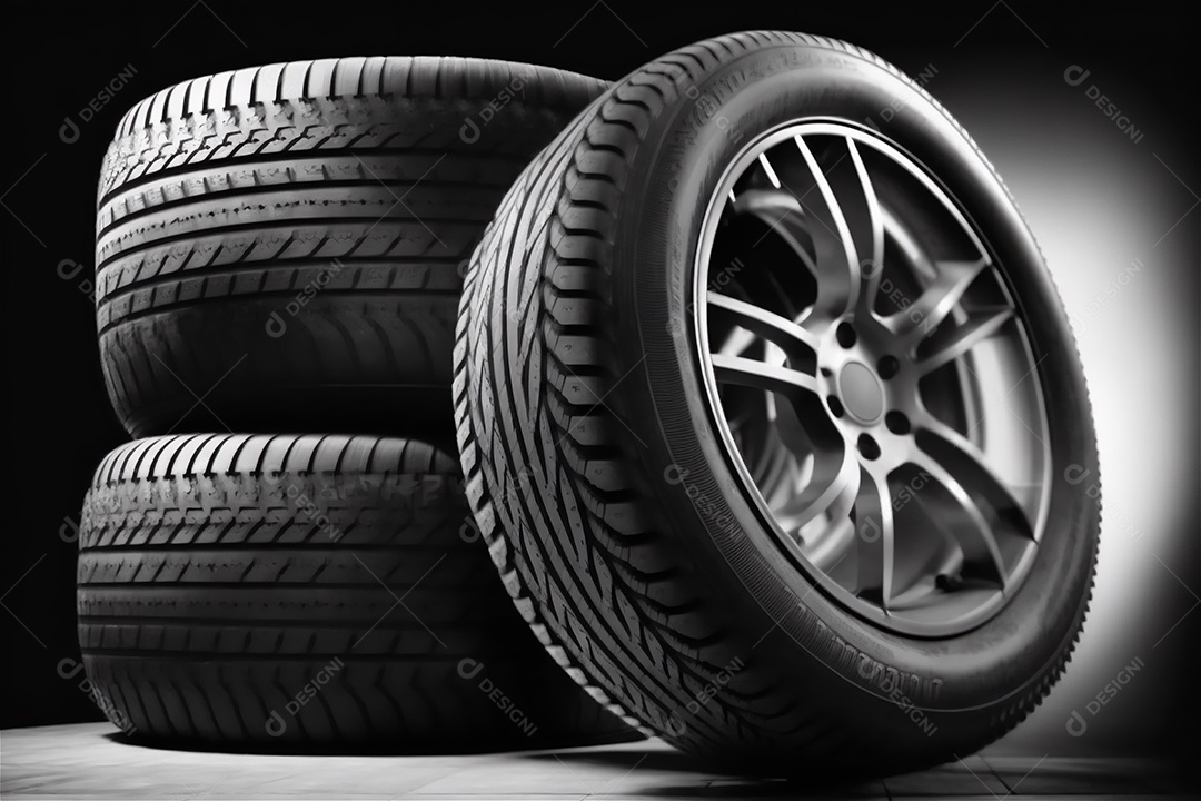 Pneu e roda de carro sobre fundo preto