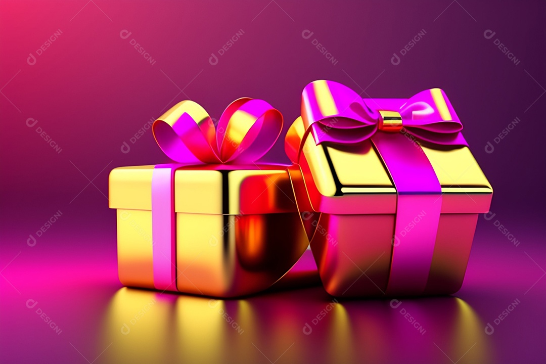 Caixas de presentes douradas com laço rosa