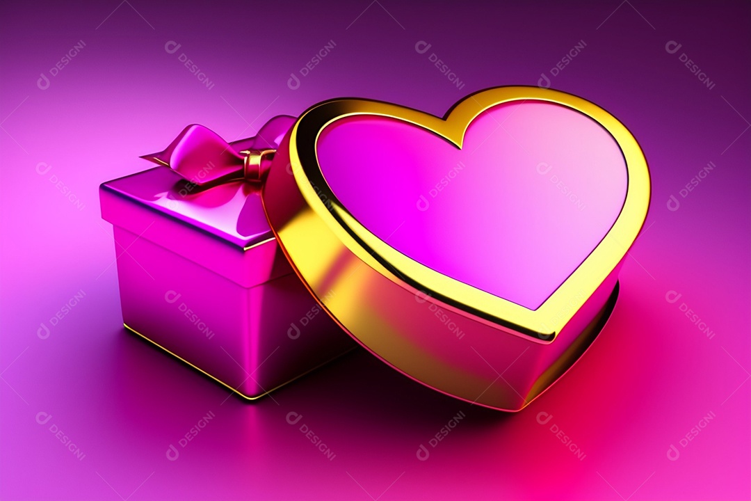 Caixa de presente rosa com coração dourado